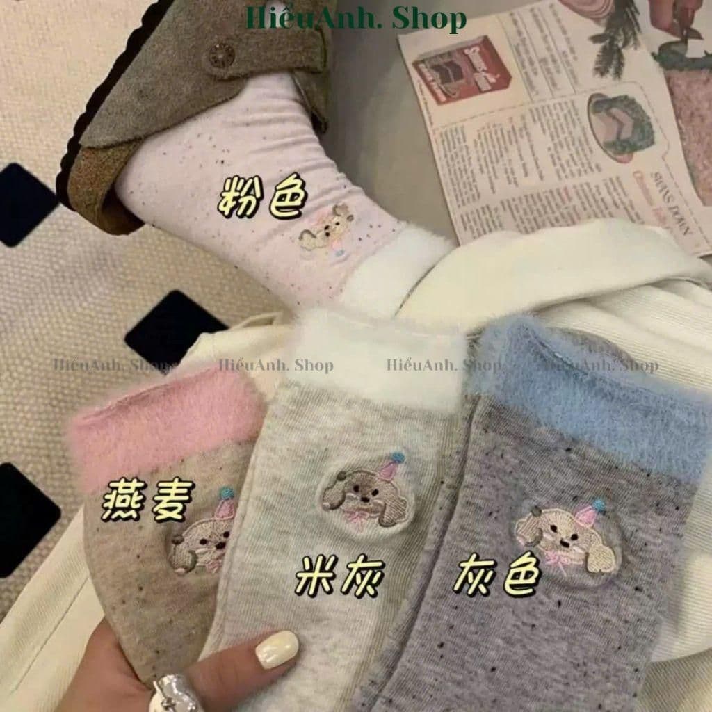 Set 5 Đôi Tất Nữ Thu Đông Tiểu Thư Hạt Tiêu Cổ Cao Phủ Lông Thỏ Dễ Thương