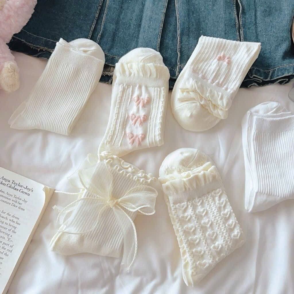 VINBEO Set 6 Đôi Vớ (Tất) Trắng Mẫu Nơ Tim Xinh Xắn Dễ Phối Đồ Tiện Lợi BIN002