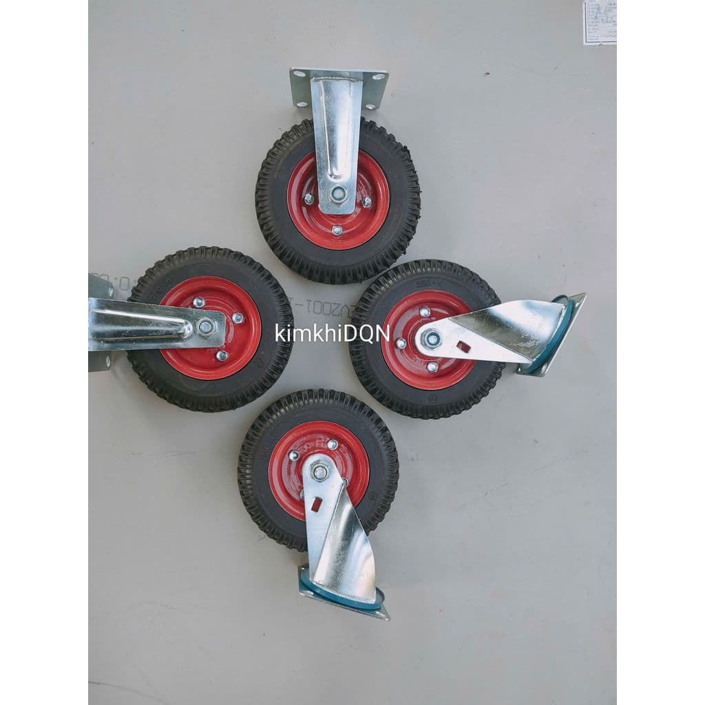 Bộ 4 Bánh Xe Cao Su Đặc Mâm Đỏ 20cm cho Xe Đẩy, Xe Chở Hàng, Xe Kéo Tự Chế