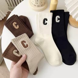 10 Đôi Tất Cổ Cao Nữ Họa Tiết Chữ C,Vỡ Cổ Cao Họa Tiết Chữ C Vải Cotton Mềm Mịn, co giãn thoáng khí VINBEO 8