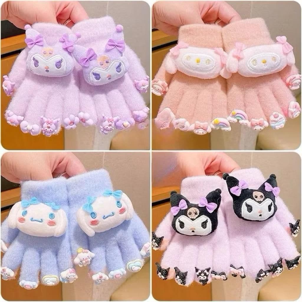 Găng tay len cho bé họa tiết labubu Kurumy ,kitty siêu dễ thương, tất tay hở ngón , liền ngón ấm áp mùa đông