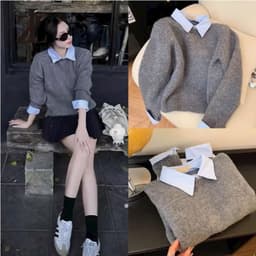 (HÀNG QC/Sẵn ) Áo len Dmina tay dài kiểu nữ dệt kim phối cổ sơ mi xanh basic 3