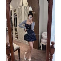 Set váy 2 dây hoa nhí ôm body kèm áo khoác cardigan trắng xám siêu xinh, Đầm váy nữ thiết kế, set đầm 2 dây 6