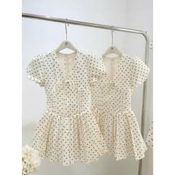 Đầm chấm bi cổ V tay bồng dáng ngắn xoè basic Váy chấm bi vintage cỗ chữ V thiết kế dịu dàng thanh lịch họa tiết thắt nơ 4