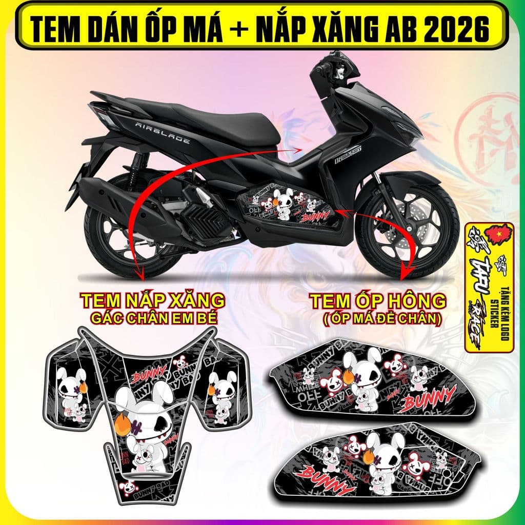 Tem Dán Nắp Xăng Và Ốp Má Ốp Hông AB 2026 Mẫu BUNNY cực dẹp decal nhám 3 lớp