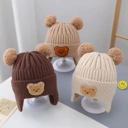 (có tuyển sỉ") Mũ Len Cho Bé Trai Bé Gái 0-3 Tuổi Mẫu Gấu 3D 2 Quả bông M57 #NamiH 2