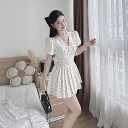 Đầm chấm bi cổ V tay bồng dáng ngắn xoè basic Váy chấm bi vintage cỗ chữ V thiết kế dịu dàng thanh lịch họa tiết thắt nơ 2