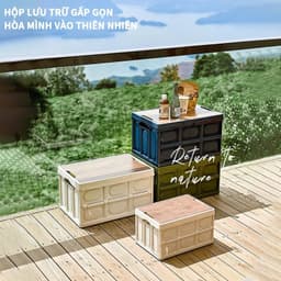 Bàn camping gấp gọn kết hợp hộp đựng đồ đa năng bằng nhựa, nắp gỗ MDF đi cắm trại, dã ngoại, picnic AMIZIN 9