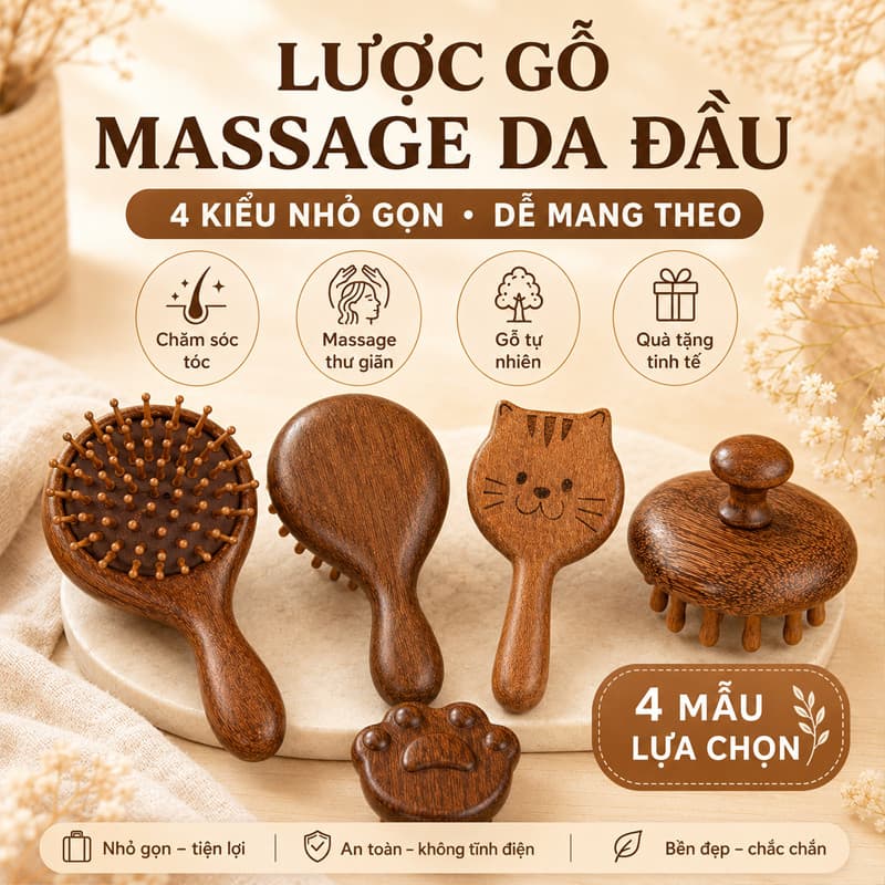 Lược Gỗ Đàn Hương Massage Đầu - Gỡ Rối, Chống Rụng Tóc, Giảm Đứt Gãy, Đệm Khí Đa Năng, Giúp Tóc Khỏe & Ngủ Ngon