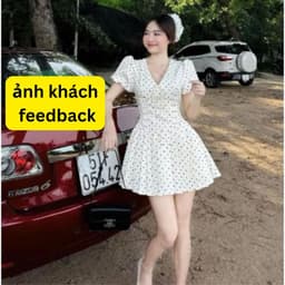 Đầm chấm bi cổ V tay bồng dáng ngắn xoè basic Váy chấm bi vintage cỗ chữ V thiết kế dịu dàng thanh lịch họa tiết thắt nơ 6