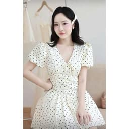 Đầm chấm bi cổ V tay bồng dáng ngắn xoè basic Váy chấm bi vintage cỗ chữ V thiết kế dịu dàng thanh lịch họa tiết thắt nơ 3