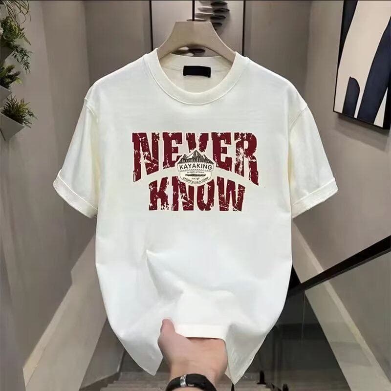 Áo phông nam cotton 220GSM oversize in chữ tiếng Anh NEVER KNOW thời trang đường phố mùa hè