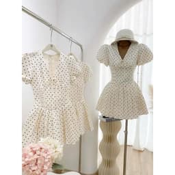 Đầm chấm bi cổ V tay bồng dáng ngắn xoè basic Váy chấm bi vintage cỗ chữ V thiết kế dịu dàng thanh lịch họa tiết thắt nơ 7