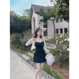 Set váy 2 dây hoa nhí ôm body kèm áo khoác cardigan trắng xám siêu xinh, Đầm váy nữ thiết kế, set đầm 2 dây 2