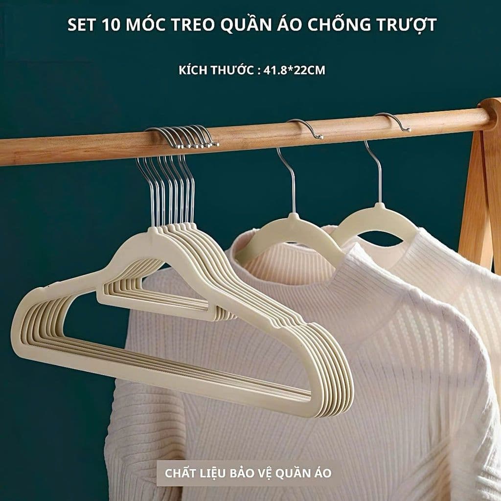 Set 5 móc treo quần áo nhựa ABS bọc nhung mịn chống trượt, giữ form áo