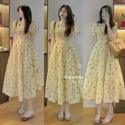 Đầm váy hoa nhí vàng nhún ngực họa tiết tay phồng cột nơ sau lưng dáng xòe, Váy maxi hoa nhí vàng cổ vuông dáng 3 tầng 1