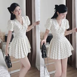Đầm chấm bi cổ V tay bồng dáng ngắn xoè basic Váy chấm bi vintage cỗ chữ V thiết kế dịu dàng thanh lịch họa tiết thắt nơ 1