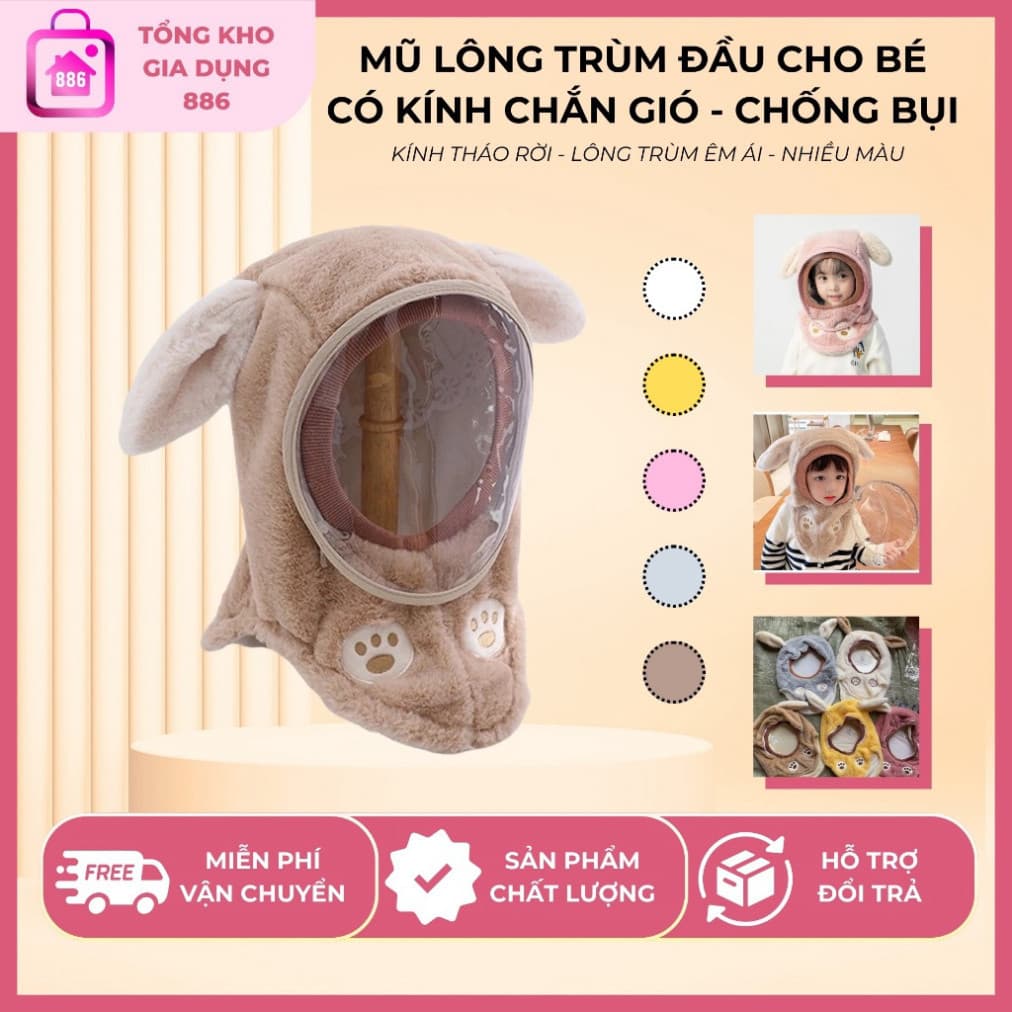 (có tuyển sỉ") Mũ Lông Trùm Đầu Có Kính Chắn Gió, Chống Bụi, Kín Cổ Tháo Rời Dành Cho Bé Yêu