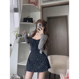 Set váy 2 dây hoa nhí ôm body kèm áo khoác cardigan trắng xám siêu xinh, Đầm váy nữ thiết kế, set đầm 2 dây 4