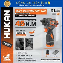 Máy Chuyên Vít Trượt Pin HUKAN G1-VT1645S, Lực Siết 45Nm, Đầu Ngậm Vít 6.35mm, Không Chổi Than 1