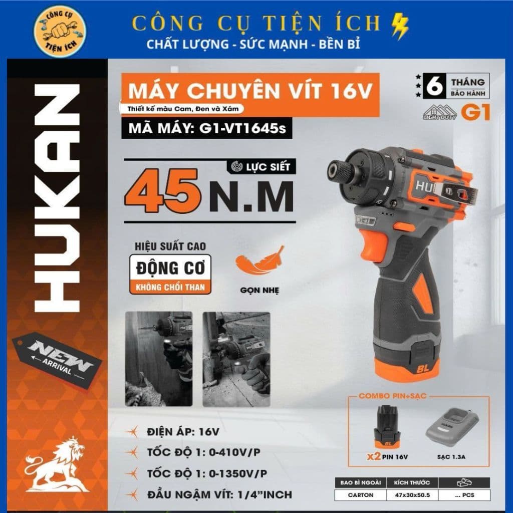 Máy Chuyên Vít Trượt Pin HUKAN G1-VT1645S, Lực Siết 45Nm, Đầu Ngậm Vít 6.35mm, Không Chổi Than