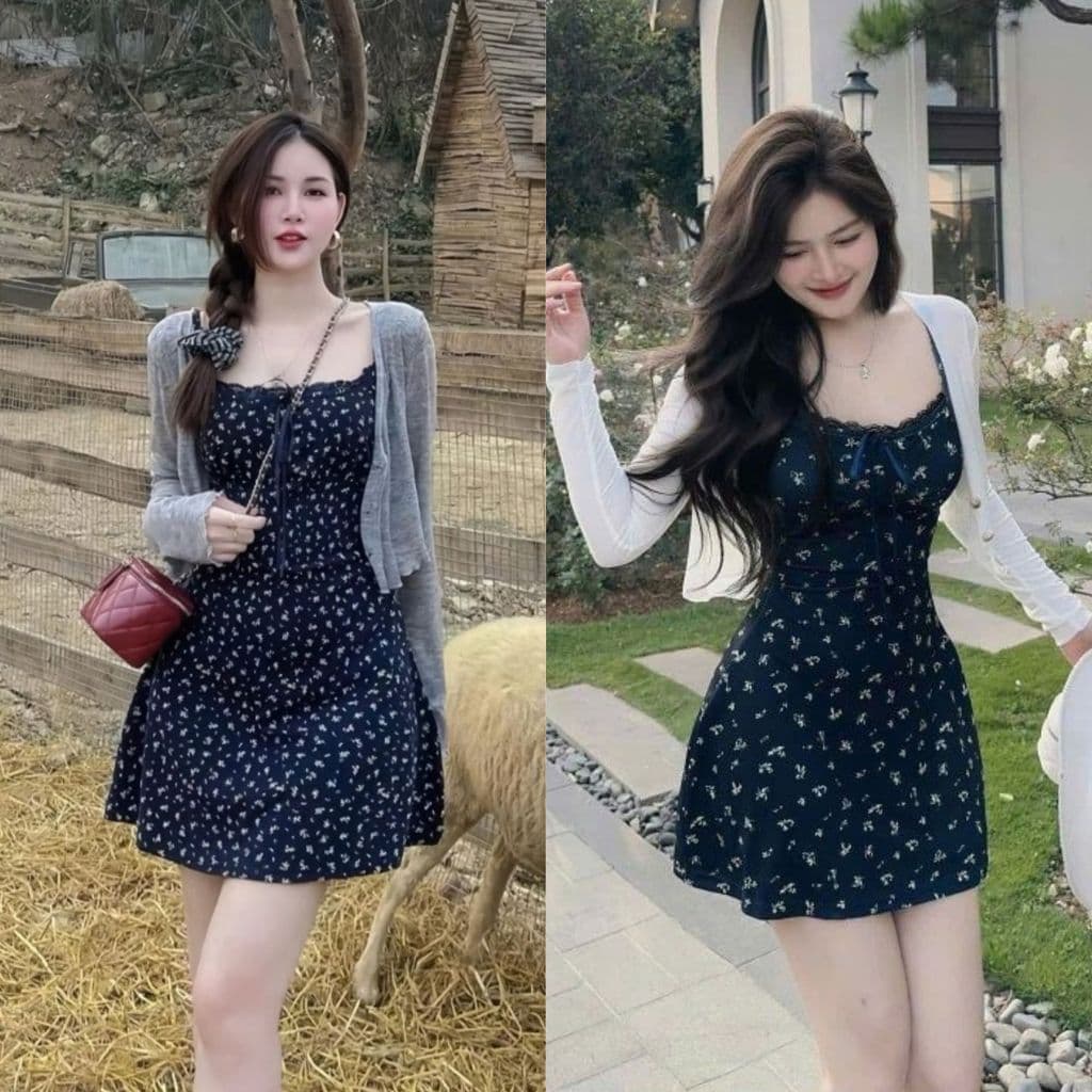 Set váy 2 dây hoa nhí ôm body kèm áo khoác cardigan trắng xám siêu xinh, Đầm váy nữ thiết kế, set đầm 2 dây