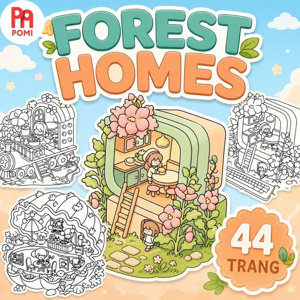 Bộ 44 Trang Tranh Tô Màu Forest Homes - Tranh Tô Màu Thư Giãn Giảm Stress Cho Người Lớn - POMI