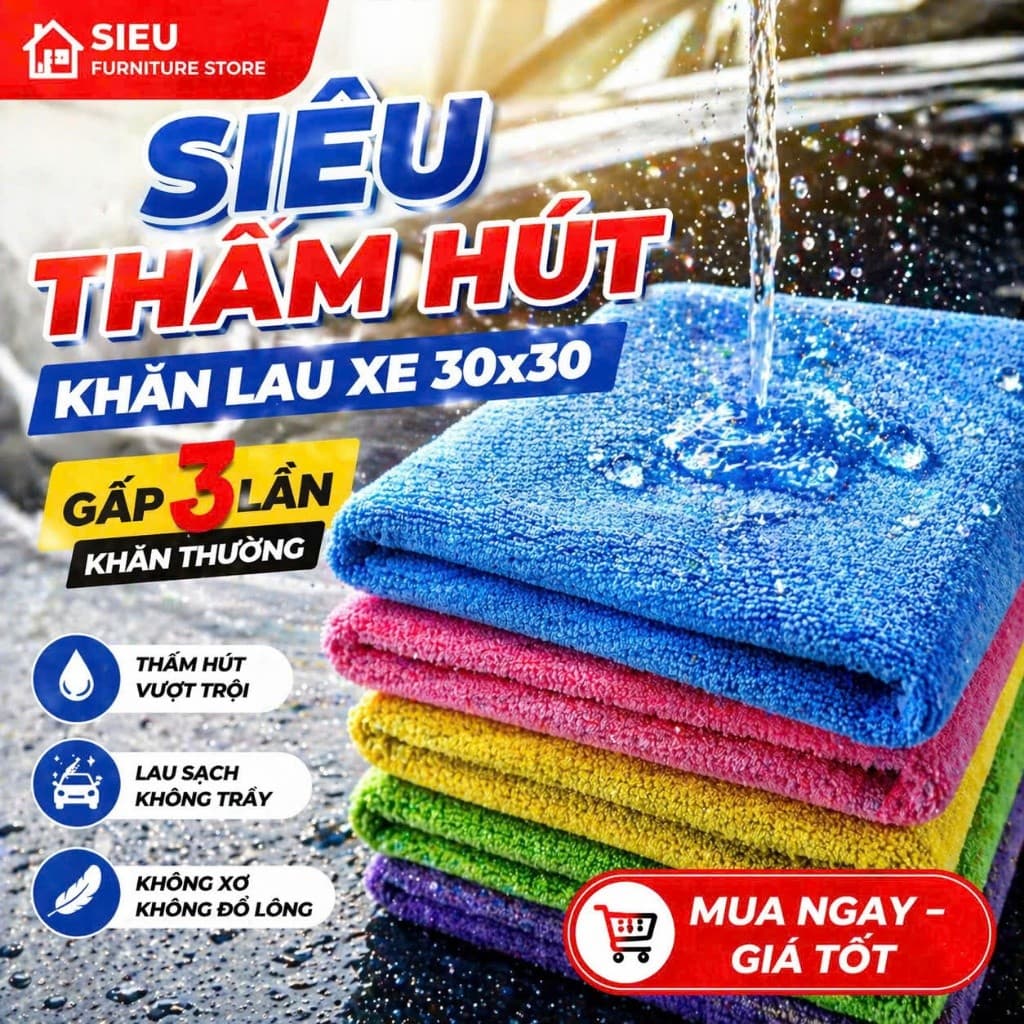 COMBO 10 - 20 KHĂN LAU XE ĐA NĂNG 30X30 SIÊU THẤM HÚT – KHĂN COTTON LAU Ô TÔ XE MÁY, KHÔNG XƠ KHÔNG TRẦY