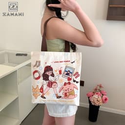 Túi Vải Canvas Đeo Vai Tote ZAMANI B0074 In Hình Hoạt Hình Dễ Thương Đi Học Đi Chơi Phong Cách Hàn Quốc 6