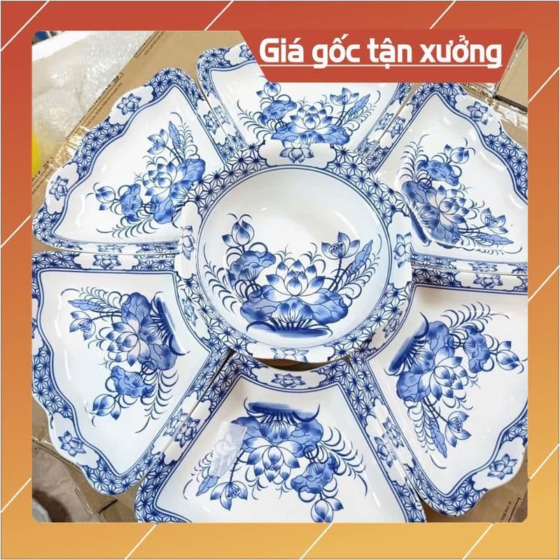 Bộ Bát Đĩa Hoa Mặt Trời Cúng gia tiên hoạ tiết vẽ hoa sen Xanh Hoa gốm sứ Bát Tràng 55cm