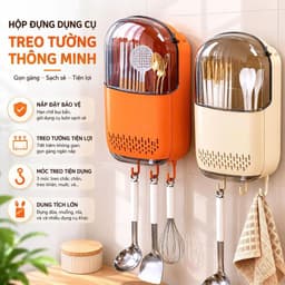 Hộp đựng đũa muỗng treo tường có nắp chống bụi thoát nước không cần khoan tường kèm móc treo tiện lợi 1