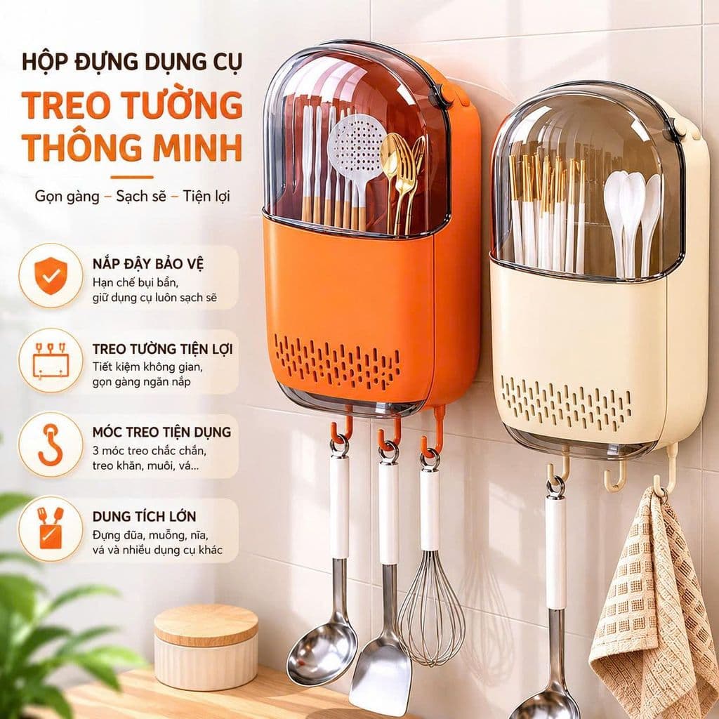 Hộp đựng đũa muỗng treo tường có nắp chống bụi thoát nước không cần khoan tường kèm móc treo tiện lợi