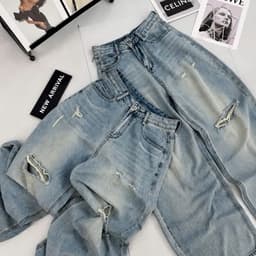 Quần Jean Nữ Suông CHEZI HOUSE Wash Rách Nhẹ Xanh Ánh Mài Vải Jean Mềm Dài 102cm Cao Cấp  #8660 Phom Ống rộng Hack Dáng. 3