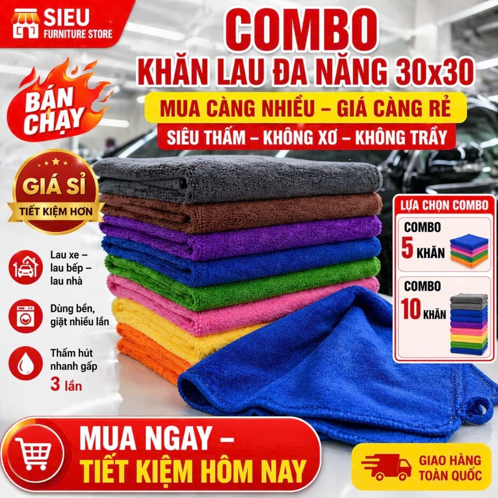 KHĂN LAU ĐA NĂNG 30X30 MICROFIBER SIÊU THẤM – LAU PHÁT KHÔ NGAY – COMBO 10 20 GIÁ HỦY DIỆT