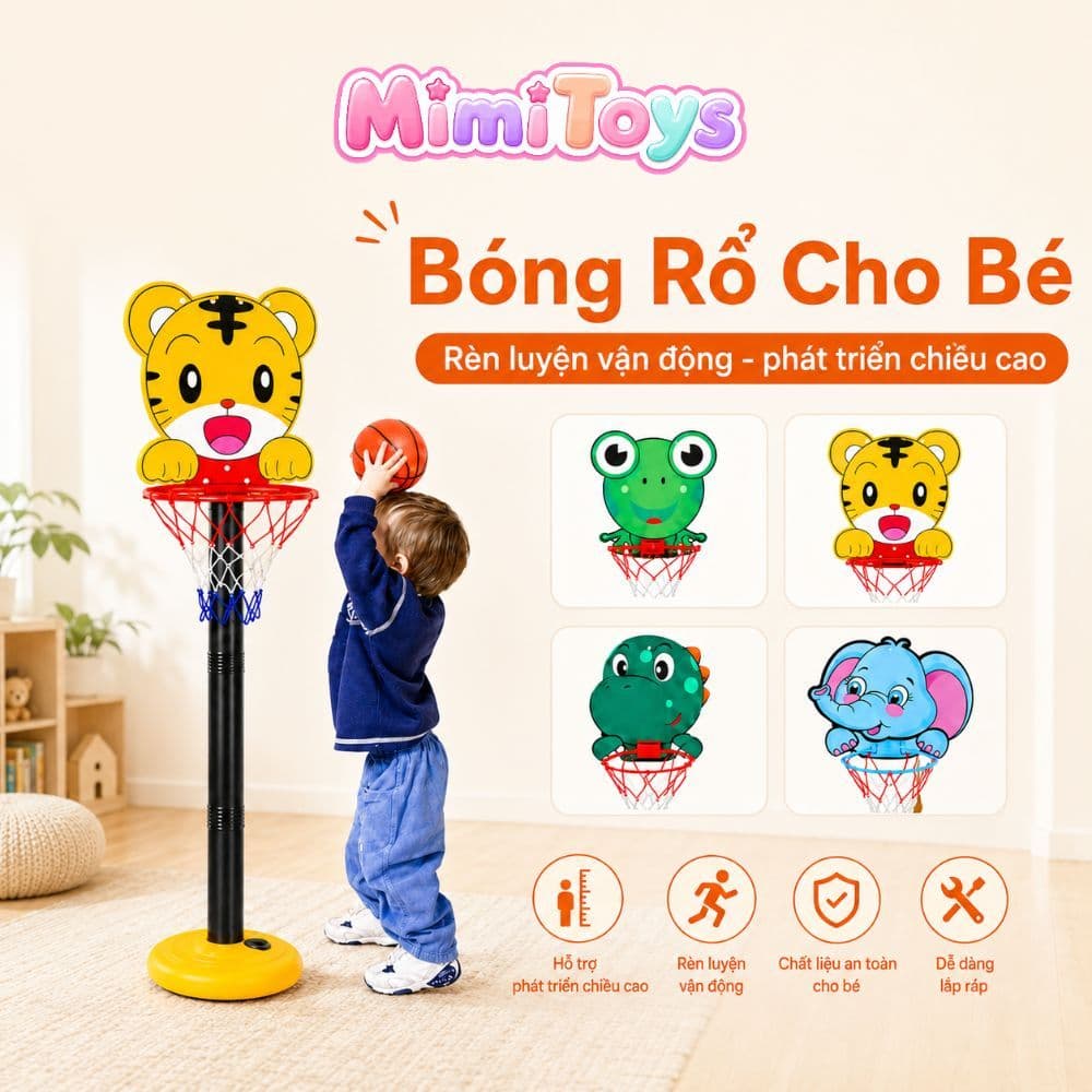 Bóng Rổ Mini MimiToys Cho Trẻ Em - Bảng Rổ Ếch Xanh, Hổ Vàng Dễ Thương Kèm Bóng Bơm