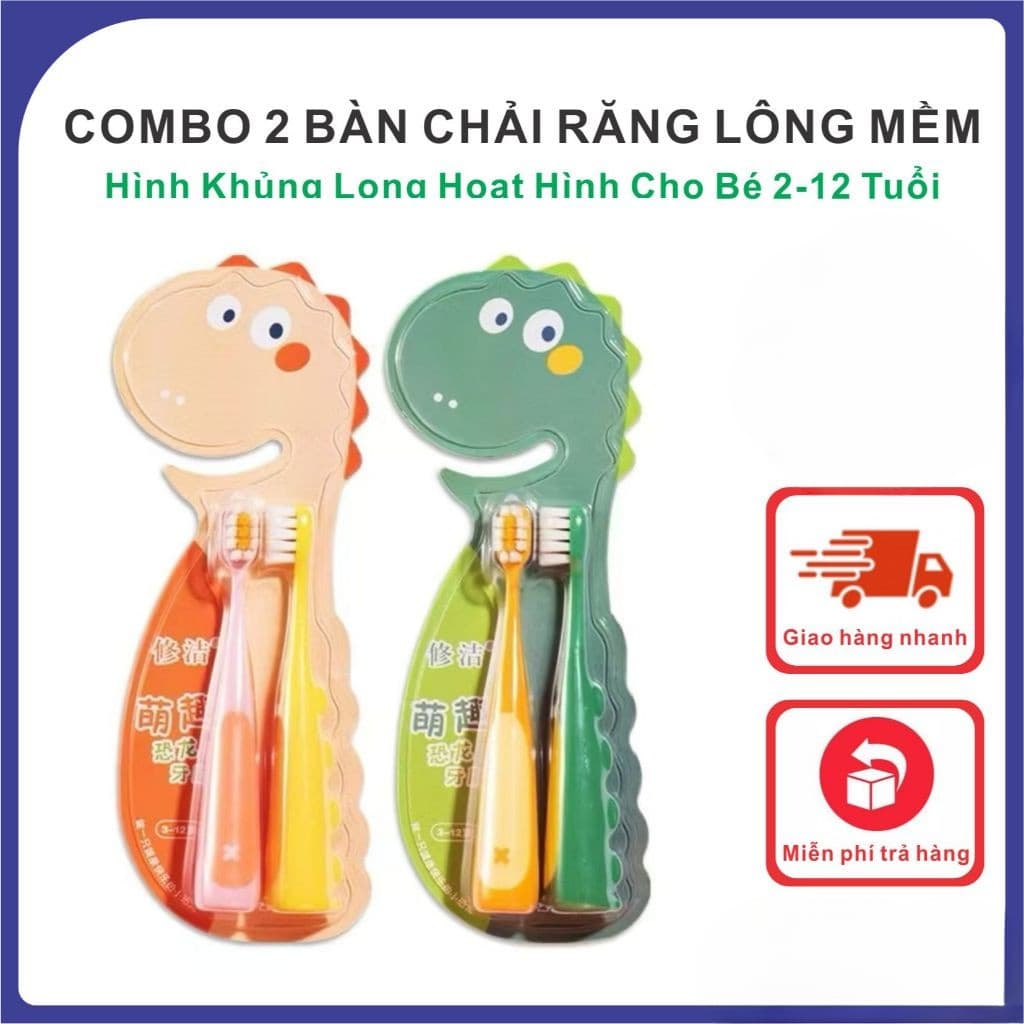 Set 2 Bàn Chải Đánh Răng Hình Khủng Long Con Cho Bé 2-12 Tuổi Lông Siêu Mềm Hình Hoạt Hình Dễ Thương