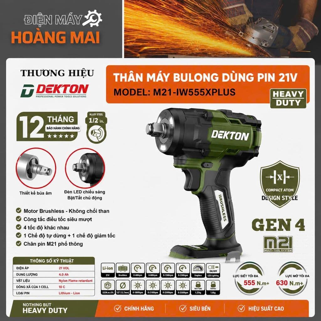 1 THÂN MÁY SIẾT BULONG DEKTON M21-IW555PLUS, LỰC SIẾT 555Nm, 4 TỐC ĐỘ, AUTOSTOP, CHẾ ĐỘ GIẢM TỐC