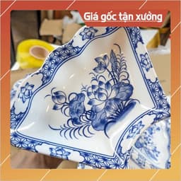 Bộ Bát Đĩa Hoa Mặt Trời Cúng gia tiên hoạ tiết vẽ hoa sen Xanh Hoa gốm sứ Bát Tràng 55cm 4