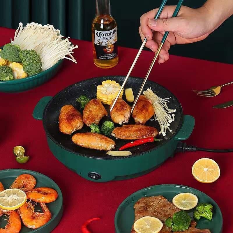 Chảo Nướng Điện Đa Năng 26cm Vân Đá Chống Dính, Bếp Nướng Điện Chống Dính, Nướng Thịt BBQ Hàn Quốc