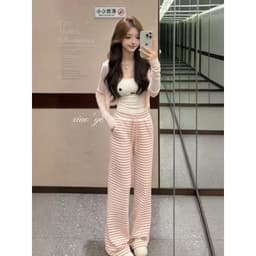 [Seckill trong thời gian có hạn] Bộ đồ thường ngày Hàn Quốc dành cho nữ Mùa hè 2026 Áo len Cardigan sọc màu hồng Bộ đồ ba mảnh 5