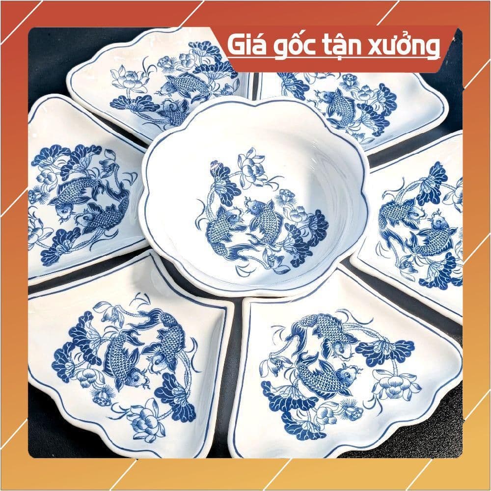 [ Bát Tràng ]Bộ Bát Đĩa Mặt Trời Hoạ Tiết Cá Chép  Cúng Gia Tiên