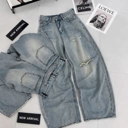 Quần Jean Nữ Suông CHEZI HOUSE Wash Rách Nhẹ Xanh Ánh Mài Vải Jean Mềm Dài 102cm Cao Cấp  #8660 Phom Ống rộng Hack Dáng. 2