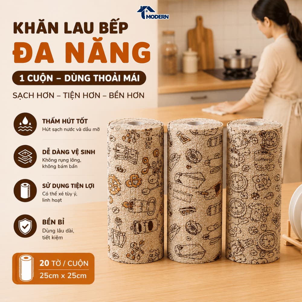 (LOẠI XỊN) Khăn Lau Bếp Đa Năng Siêu Thấm Hút Tái Sử Dụng MODERN, Cuộn Khăn Kháng Khuẩn Không Xơ Vải