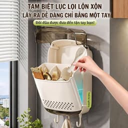 Hộp đựng đũa muỗng treo tường có nắp chống bụi thoát nước không cần khoan tường kèm móc treo tiện lợi 4