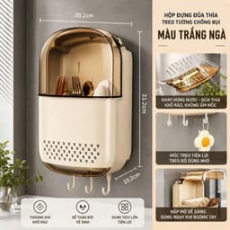Hộp đựng đũa muỗng treo tường có nắp chống bụi thoát nước không cần khoan tường kèm móc treo tiện lợi 7