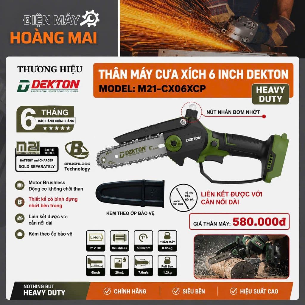 1 THÂN MÁY CƯA XÍCH PIN DEKTON M21-CX06CP, LAM XÍCH 6 INCH, ĐỘNG CƠ KHÔNG CHỔI THAN