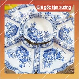 Bộ Bát Đĩa Hoa Mặt Trời Cúng gia tiên hoạ tiết vẽ hoa sen Xanh Hoa gốm sứ Bát Tràng 55cm 2