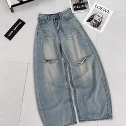 Quần Jean Nữ Suông CHEZI HOUSE Wash Rách Nhẹ Xanh Ánh Mài Vải Jean Mềm Dài 102cm Cao Cấp  #8660 Phom Ống rộng Hack Dáng. 4