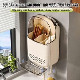 Hộp đựng đũa muỗng treo tường có nắp chống bụi thoát nước không cần khoan tường kèm móc treo tiện lợi 3
