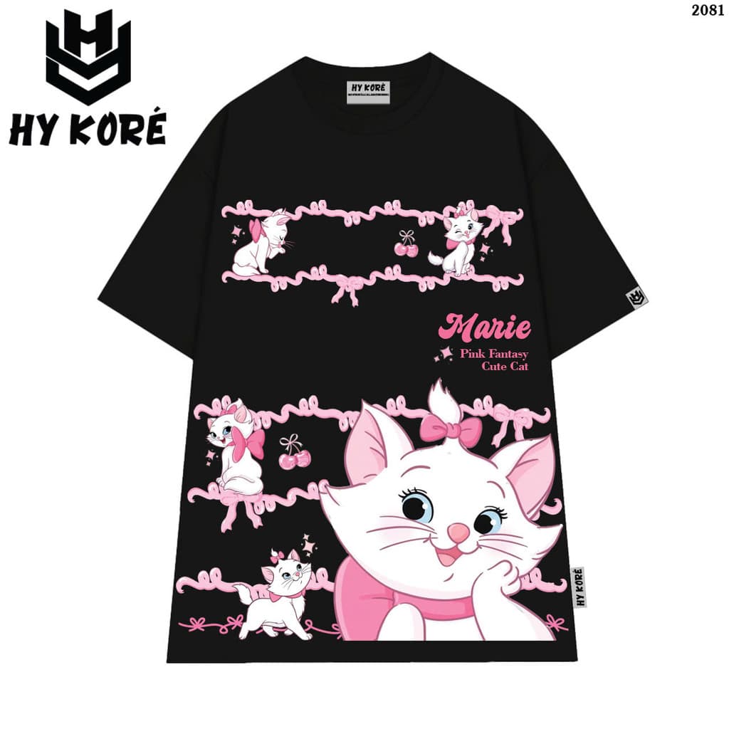 Áo thun Marie Cute Cat 2081 HY KORE Vải Cotton 100 Nguyên Chất Phom Rộng Tay Lỡ Cá Tính.